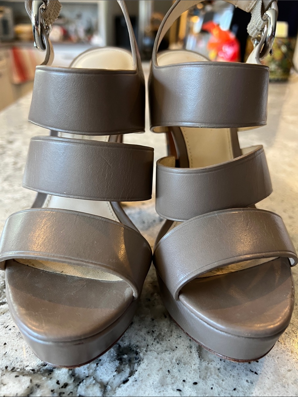 COACH Bertta Taupe Leather Monogram Platform Sandals Size 5.5 B Like New - Picture 3 of 11